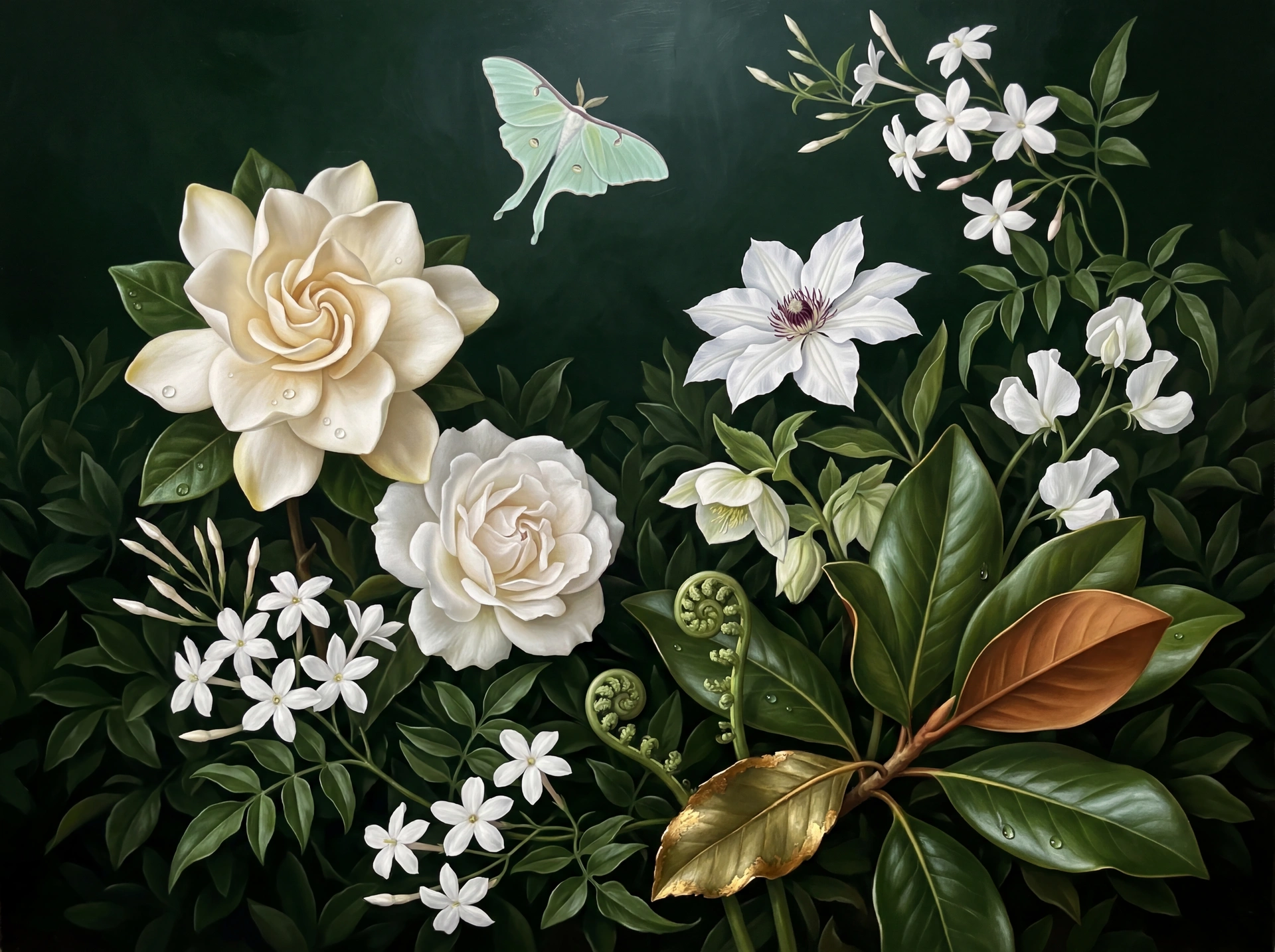 Emerald Depths — dark botanical mural with deep forest foliage and luminous flowers