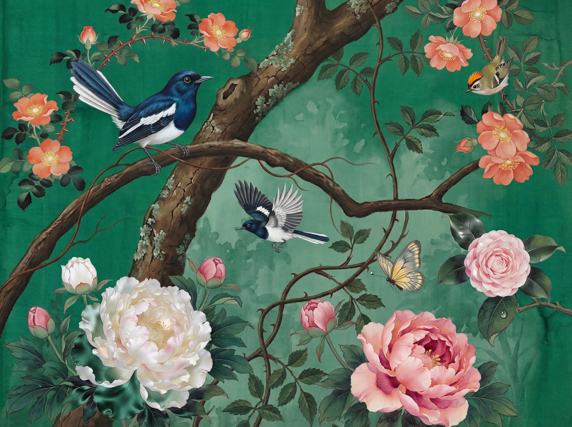 Emerald Garden — chinoiserie mural with magpie robins among coral peonies on emerald silk