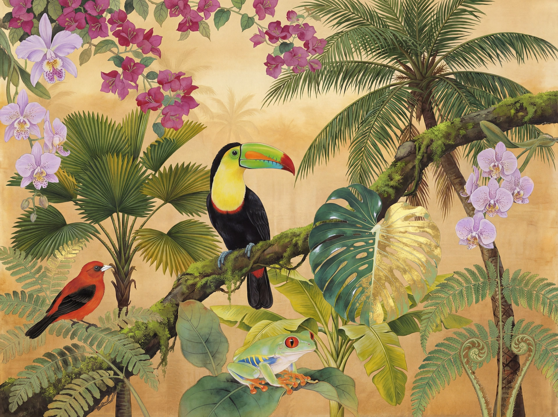 Gold Paradise mural — detail showing colour depth and texture of printed chinoiserie