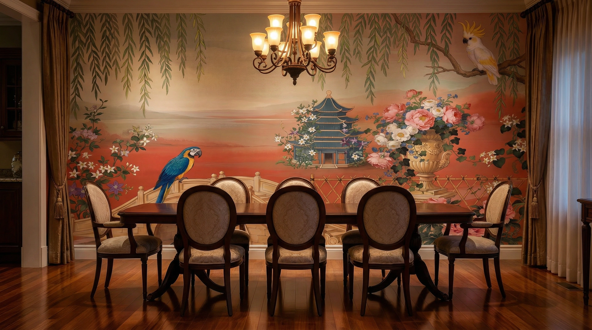 A dining room wrapped in a chinoiserie garden mural — birds, peonies, and magnolia on an emerald silk ground