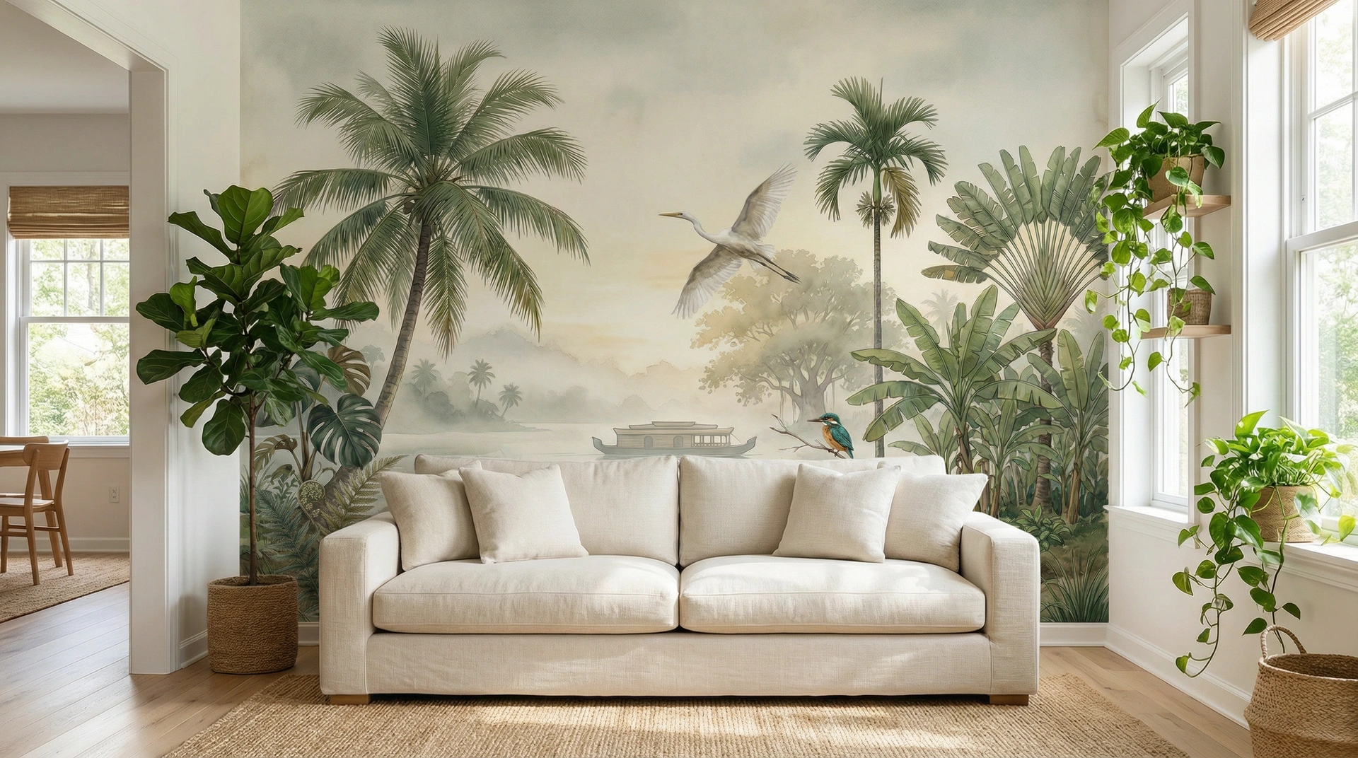 Living room with scenic landscape mural
