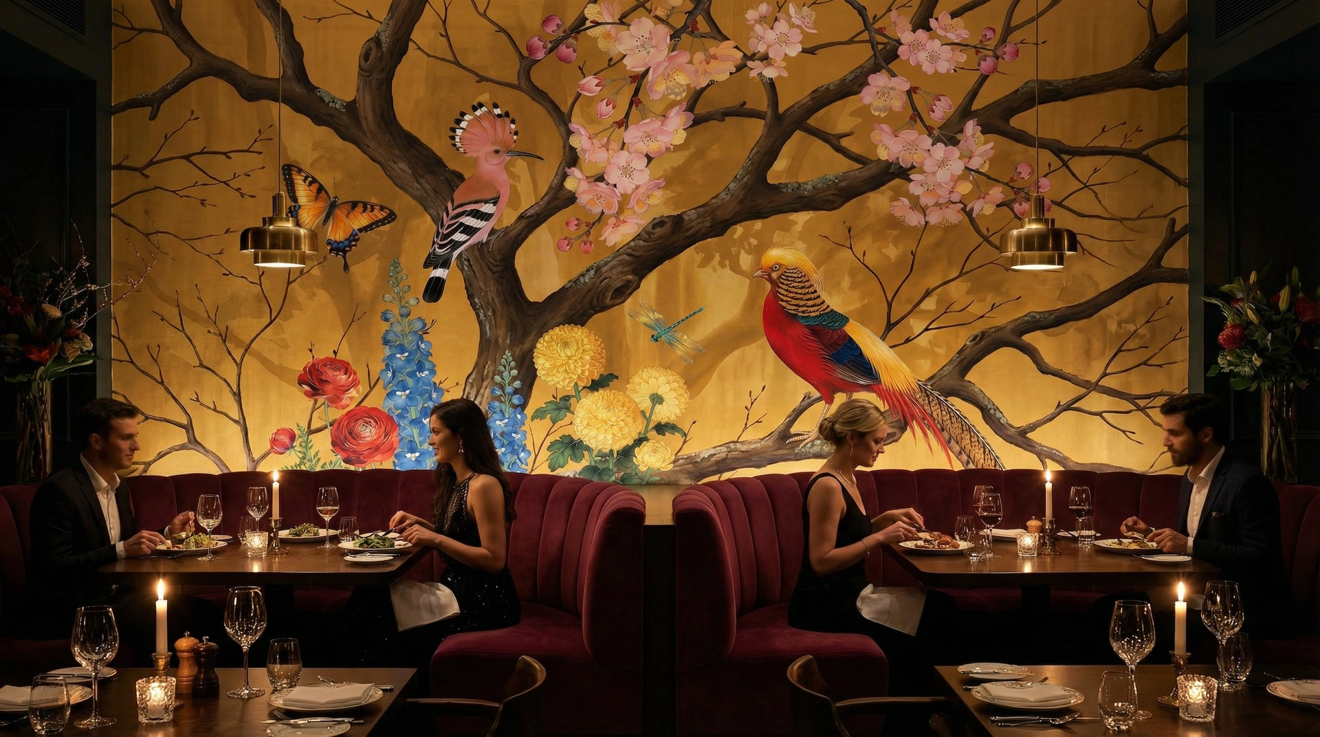 Restaurant dining room with saffron chinoiserie mural