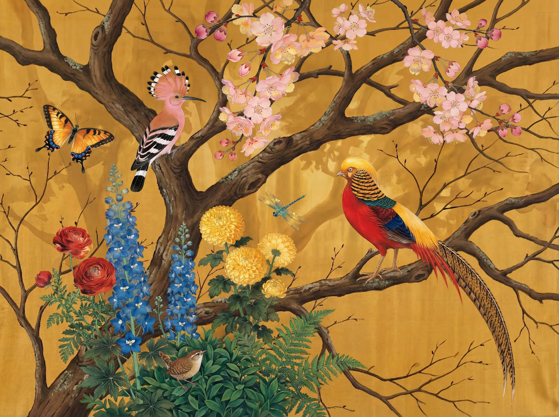 Saffron Palace — vivid chinoiserie with golden pheasants and chrysanthemums on saffron ground