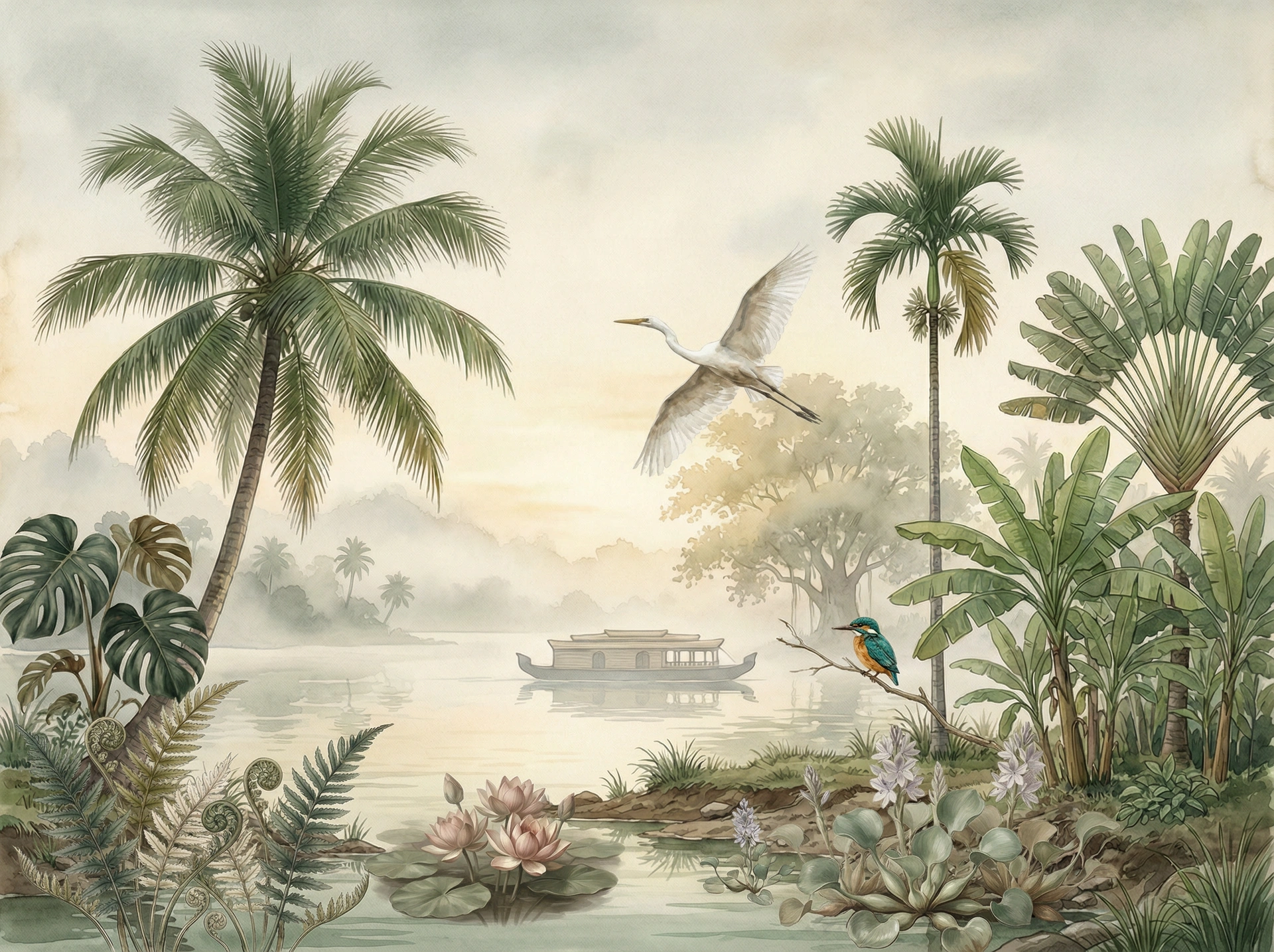 Malabar Morning — scenic landscape mural with Kerala backwaters at dawn
